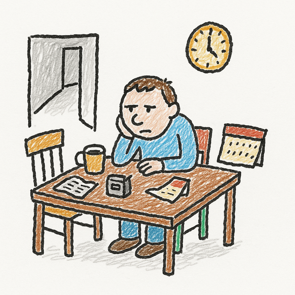 A person sits at a kitchen table staring at a phone and coffee while a wall clock hangs above.