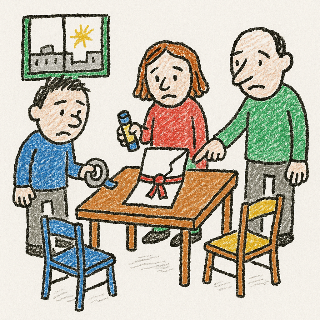 Three awkward people in a kitchen try to tape together a fragile paper agreement while faint distant bursts appear outside a window.