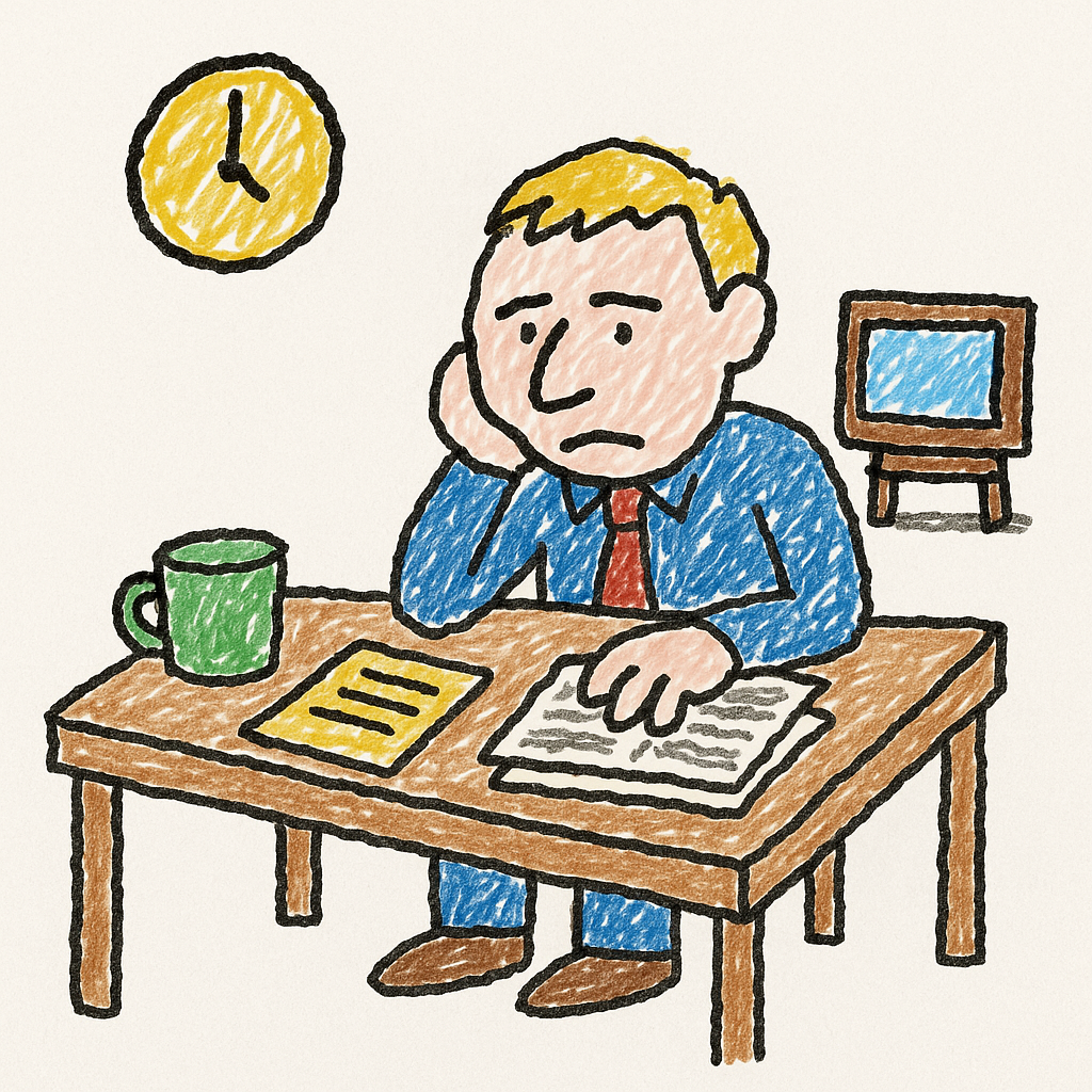 A tired office worker sits at a kitchen table beside a coffee mug and folded newspaper, while a blank TV glows in the background.