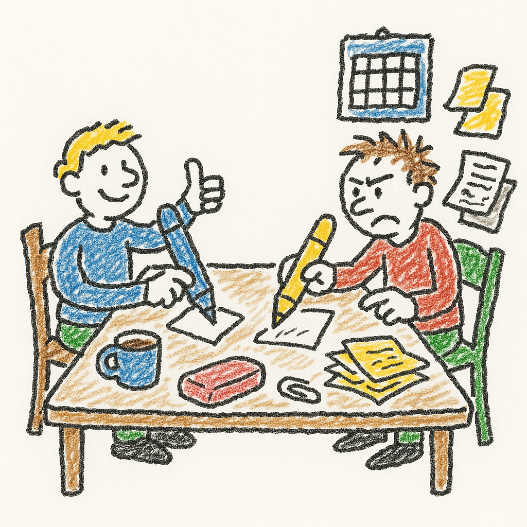 Two awkwardly drawn people sit at a kitchen table with a tiny paper, pens, a coffee cup, and a pile of blank notes.