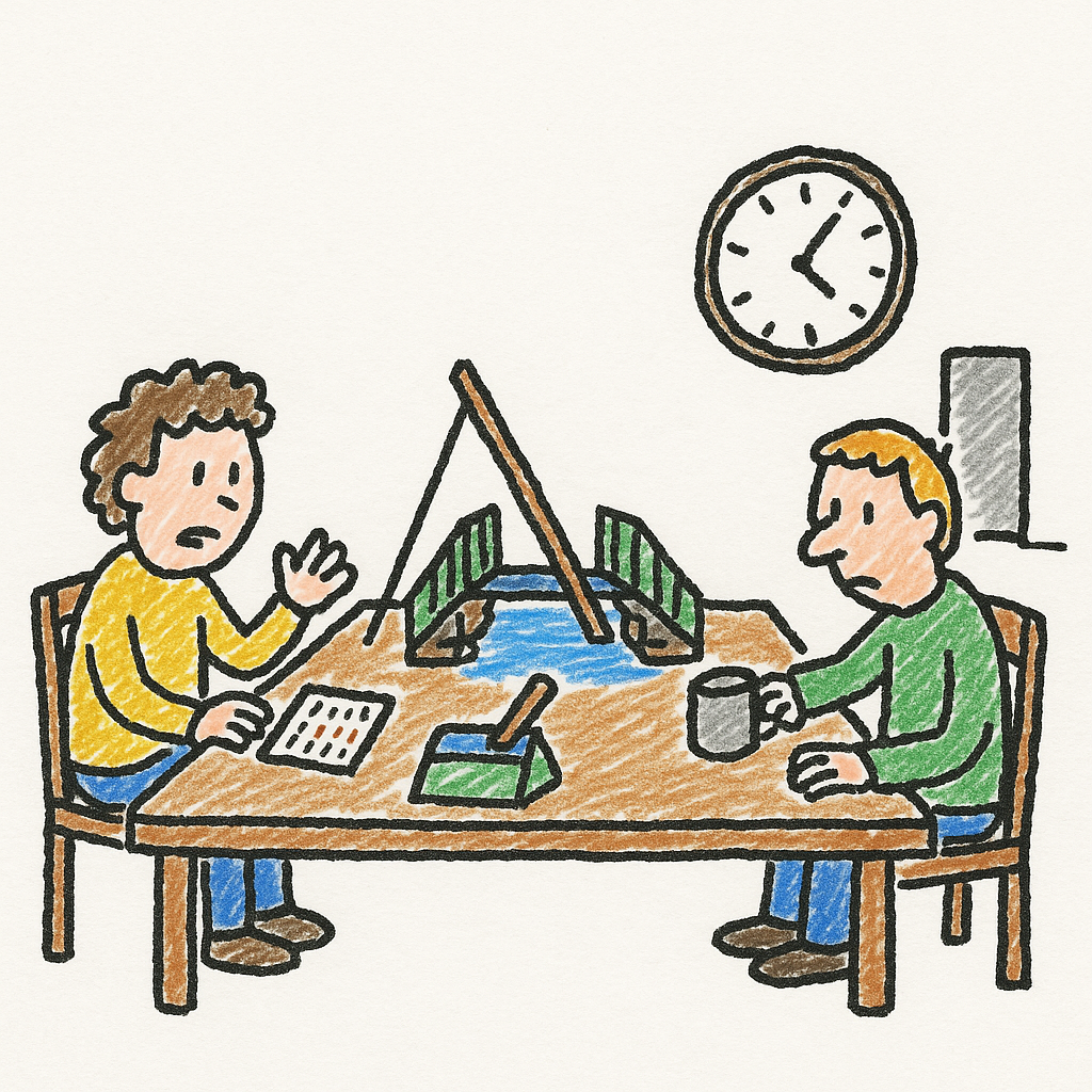 Two doodled people sit at a kitchen table beside a tiny bridge held open over a blue strip of water, with a crooked clock on the wall.