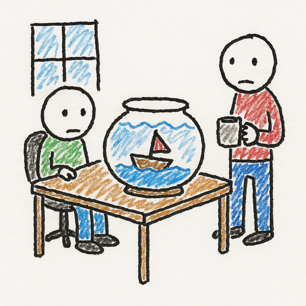 Two doodled office workers look at a fishbowl on a desk with a toy ship floating inside.