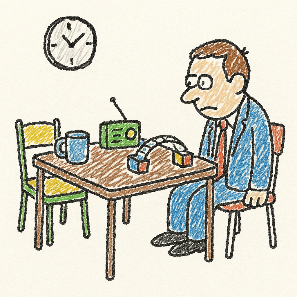 A person sits at a kitchen table staring at a radio beside a sagging paper bridge model.