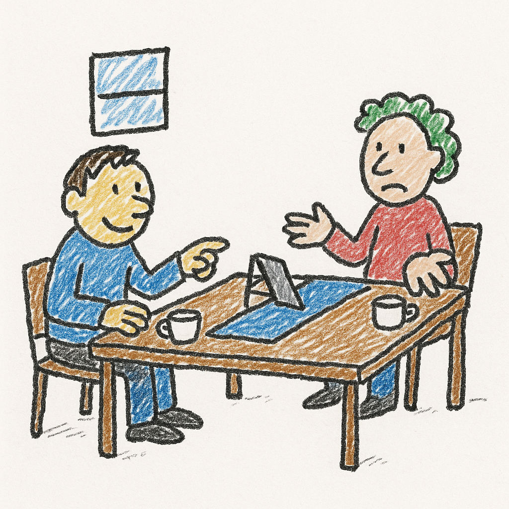 Two negotiators sit at a desk with a tiny model of a narrow waterway between them, both gesturing helplessly.