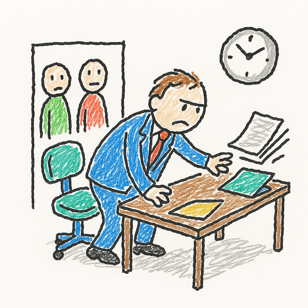 A doodled office worker stands up from a chair in a sparse office while two figures wait in the doorway.