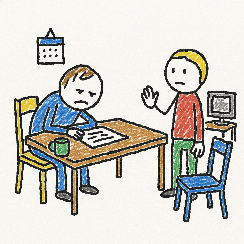 Two doodled people in a kitchen-like room, one seated at a table with papers and one standing with a raised hand, with a small TV in the background.