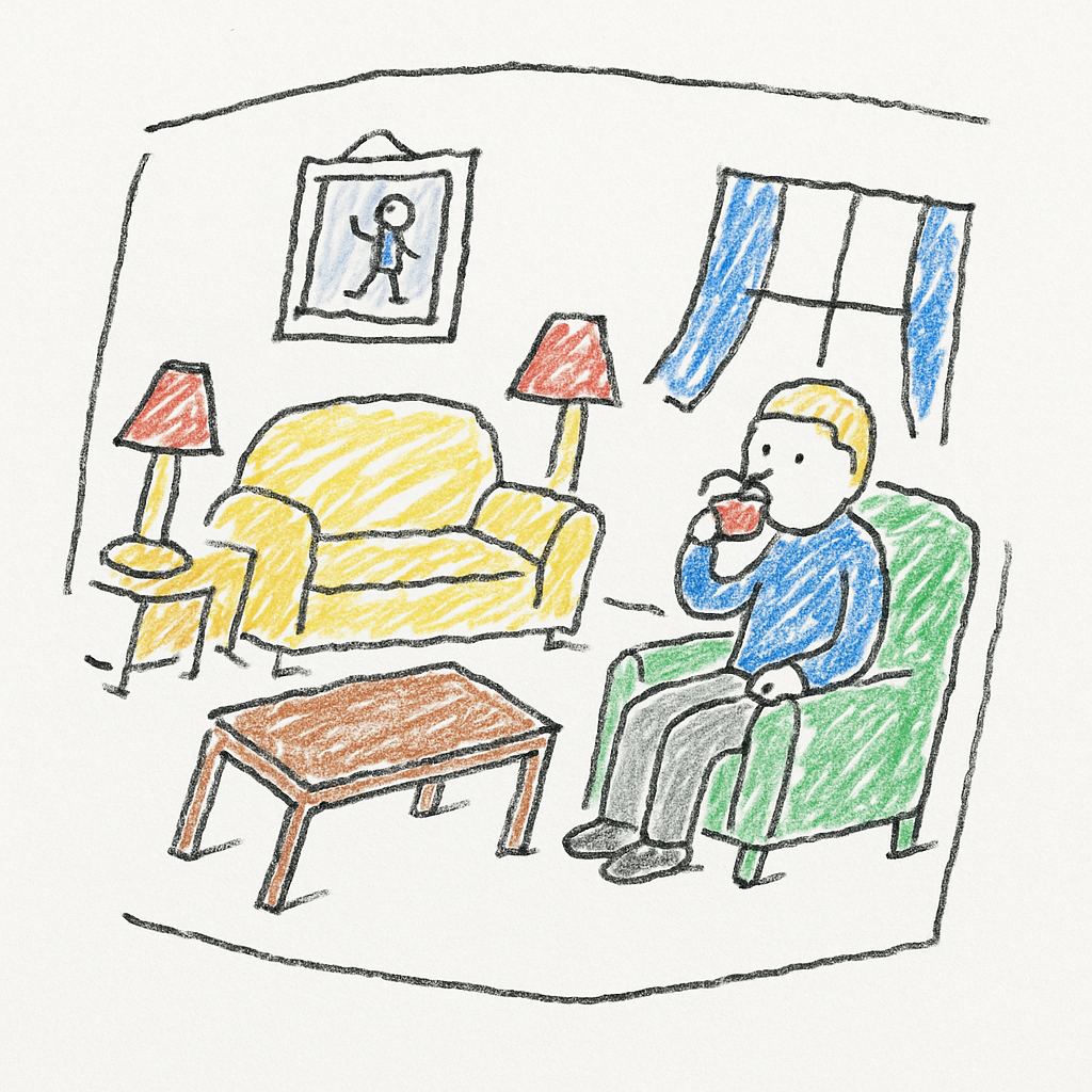 A small living room drawn twice slightly out of alignment, with a seated person holding a teacup and furniture askew.