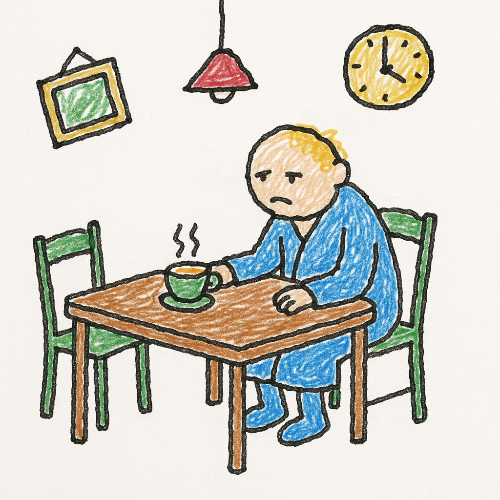 A person sits at a kitchen table staring at one cup with ripples while another cup sits still beside it.