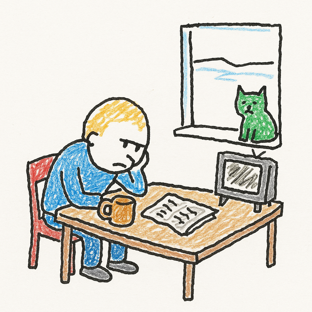 A person at a kitchen table stares at a mug while a small TV blurs in the background and a cat watches.