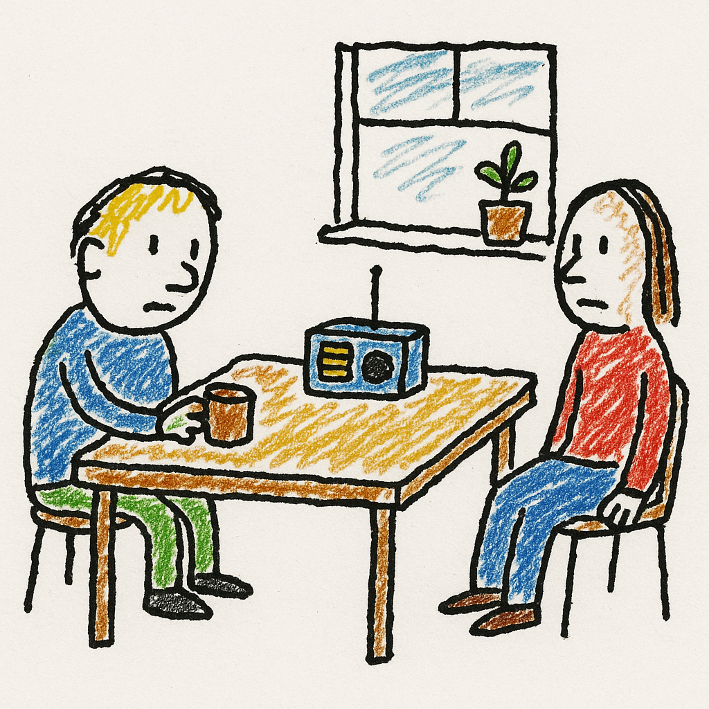 Two people sit at a kitchen table staring at a radio, with a potted plant by the window.