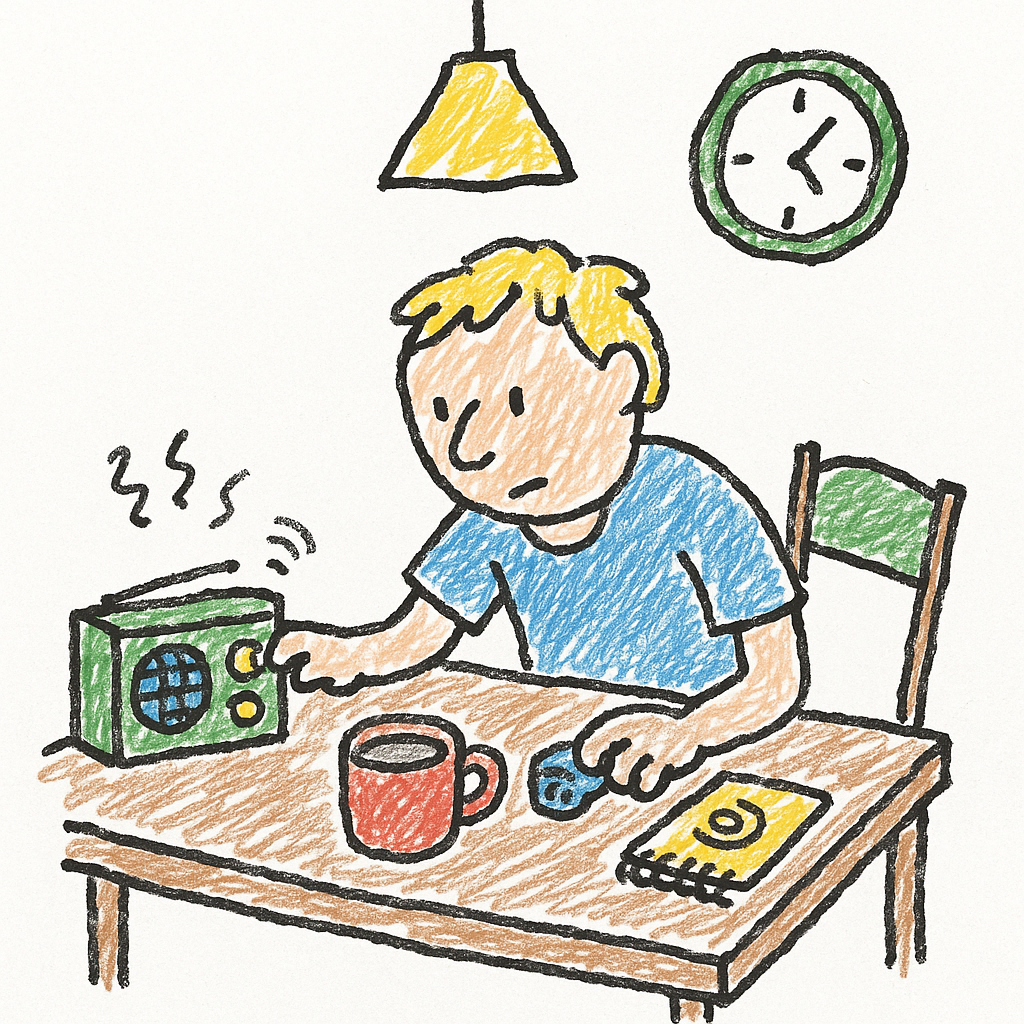 A person at a kitchen table listens to a radio beside a cold cup of tea, with a crooked clock and chair in the background.