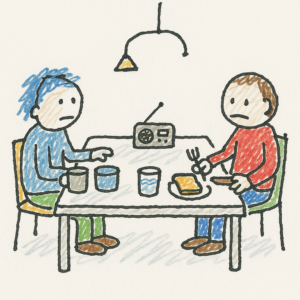 Two people sit at opposite ends of a kitchen table listening to a radio, with a slightly wobbling glass of water between them.