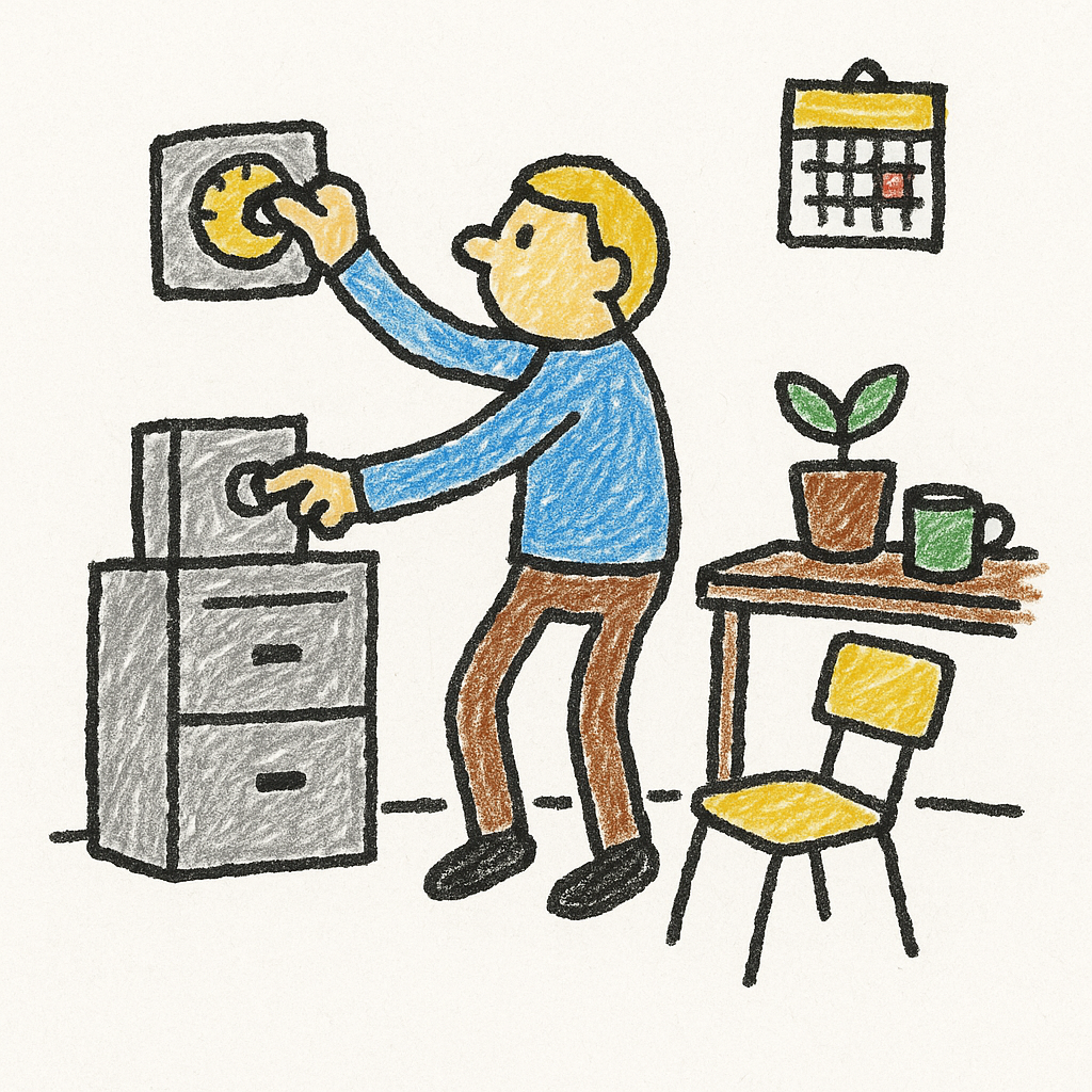 A doodled office worker reaches to adjust a thermostat and a filing cabinet in a plain room.