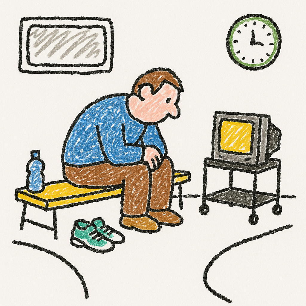 A slumped person sits on a gym bench watching a small TV in a mostly empty gym.