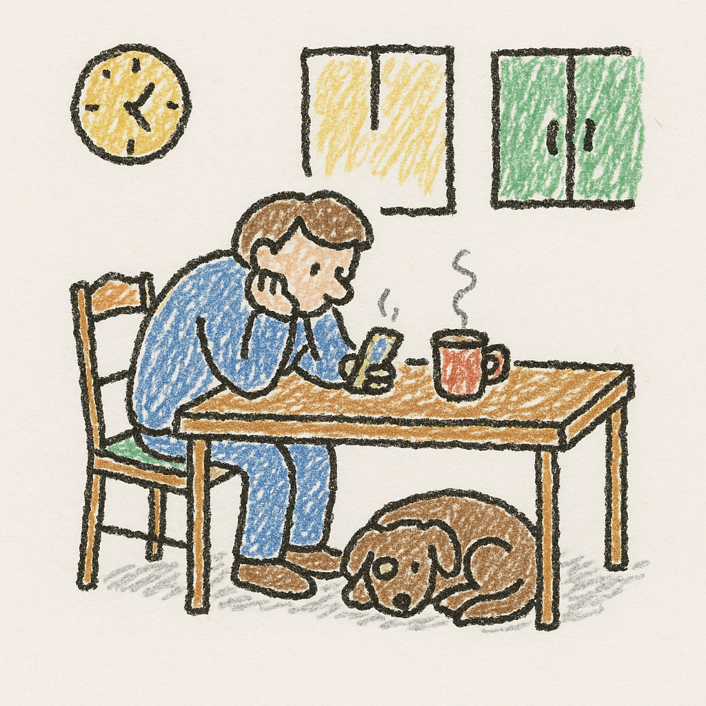 A tired person sits at a kitchen table staring at a phone while a dog lies under the chair and a clock hangs crookedly on the wall.