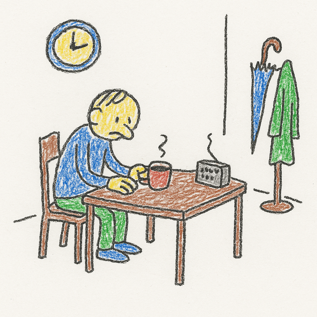A person sits at a kitchen table staring at a cold cup of tea beside a silent radio, with a crooked clock on the wall.