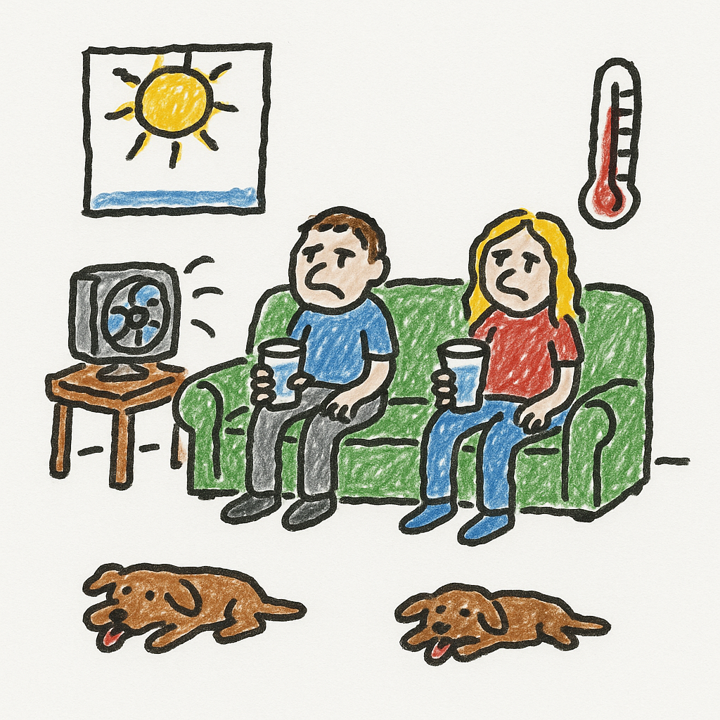 Two people and a dog sit in a hot living room with a fan, a thermometer, and bright sun outside the window.