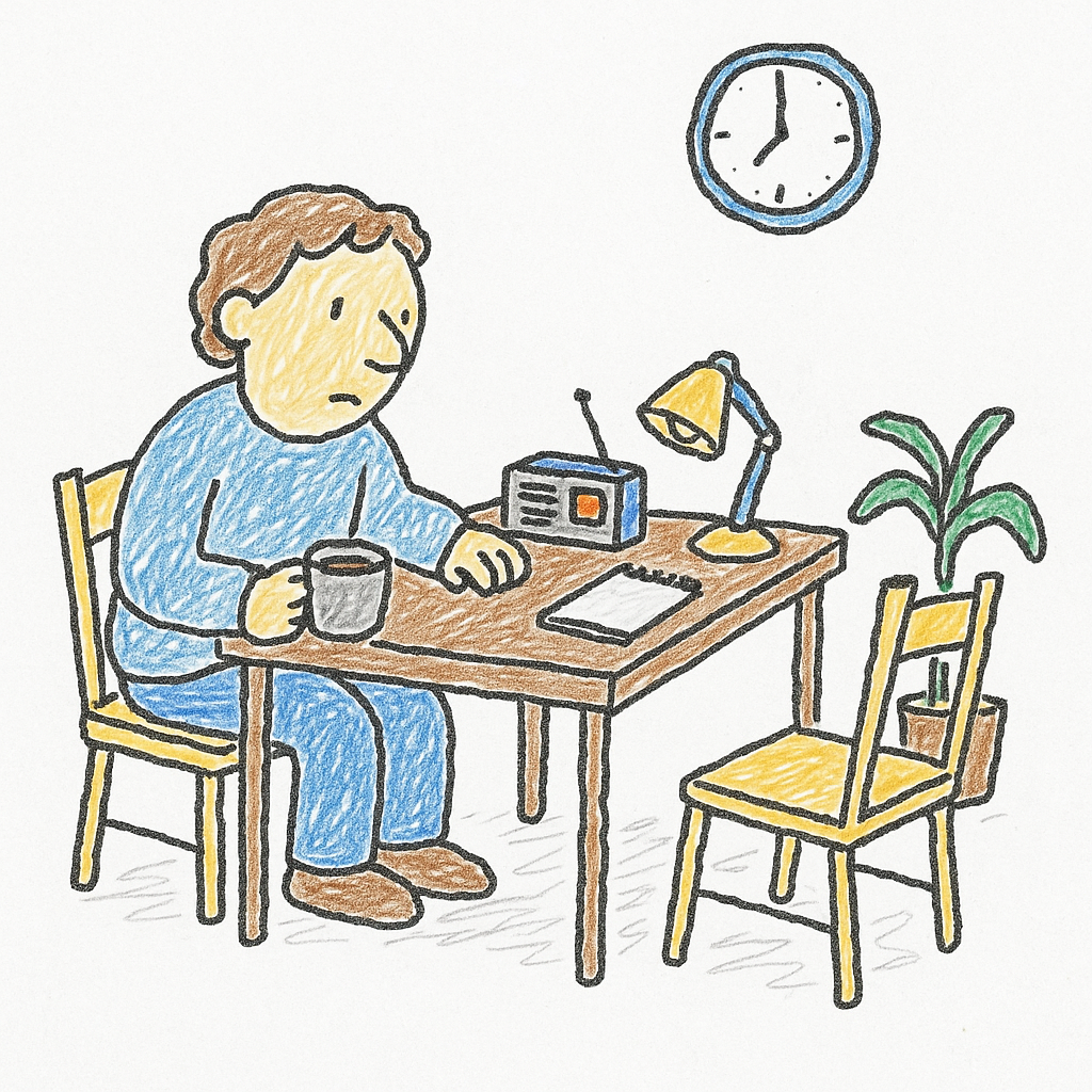 A person sits at a kitchen table listening to a radio, with a coffee cup, clock, lamp, and drooping plant in a quiet room.
