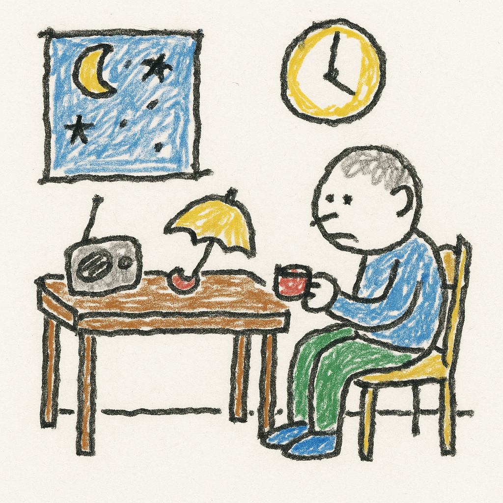 A person sits at a kitchen table staring at a clock beside a radio and umbrella, in a quiet nighttime room.