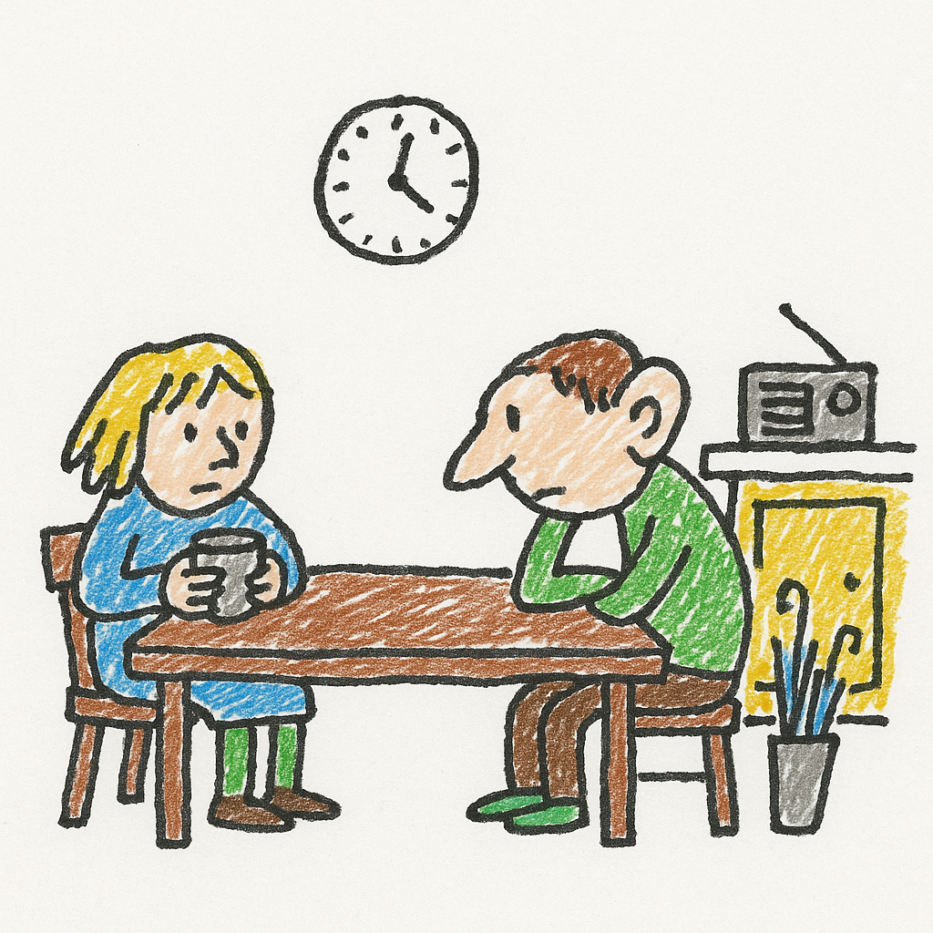 Two people sit silently at a kitchen table listening to a radio, with a crooked clock and umbrellas by the door.