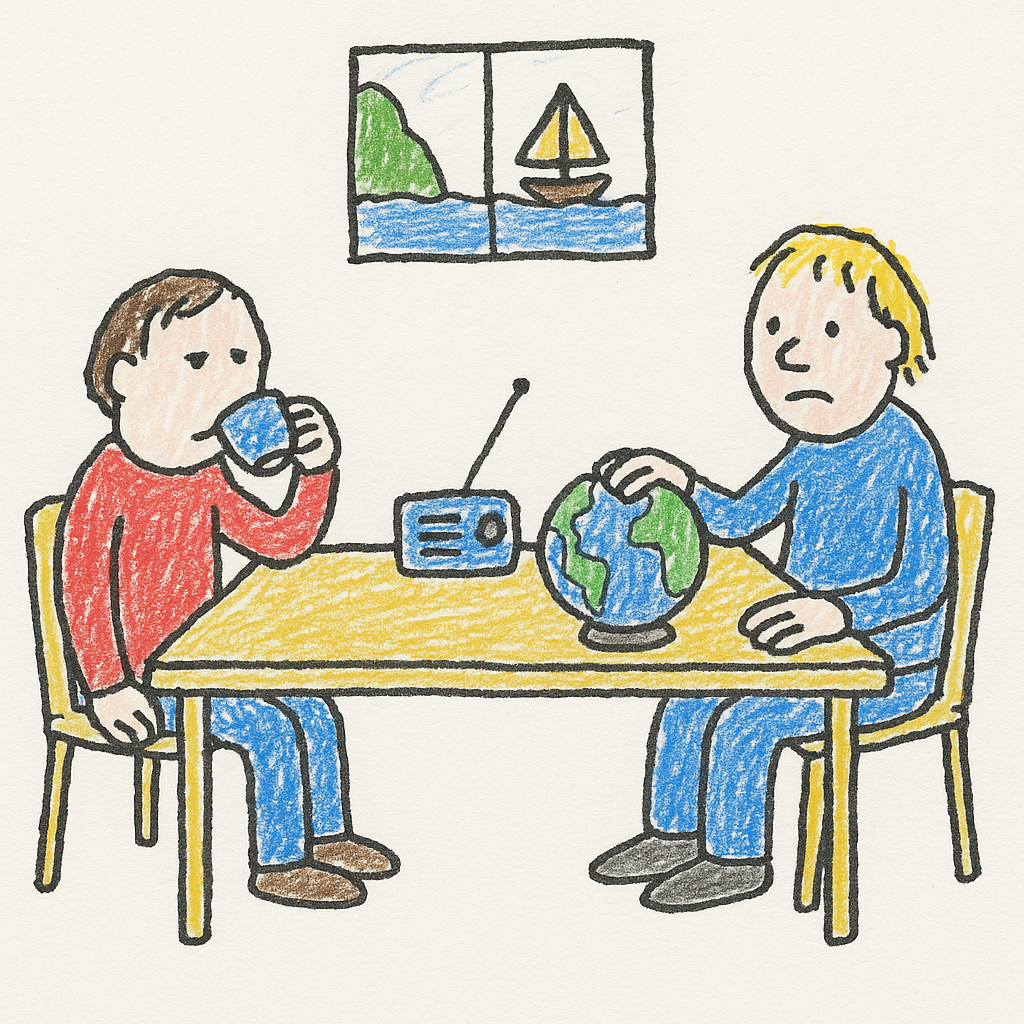 Two people sit at a kitchen table staring at a radio, with a toy sailboat in a narrow strip of water seen through a window.