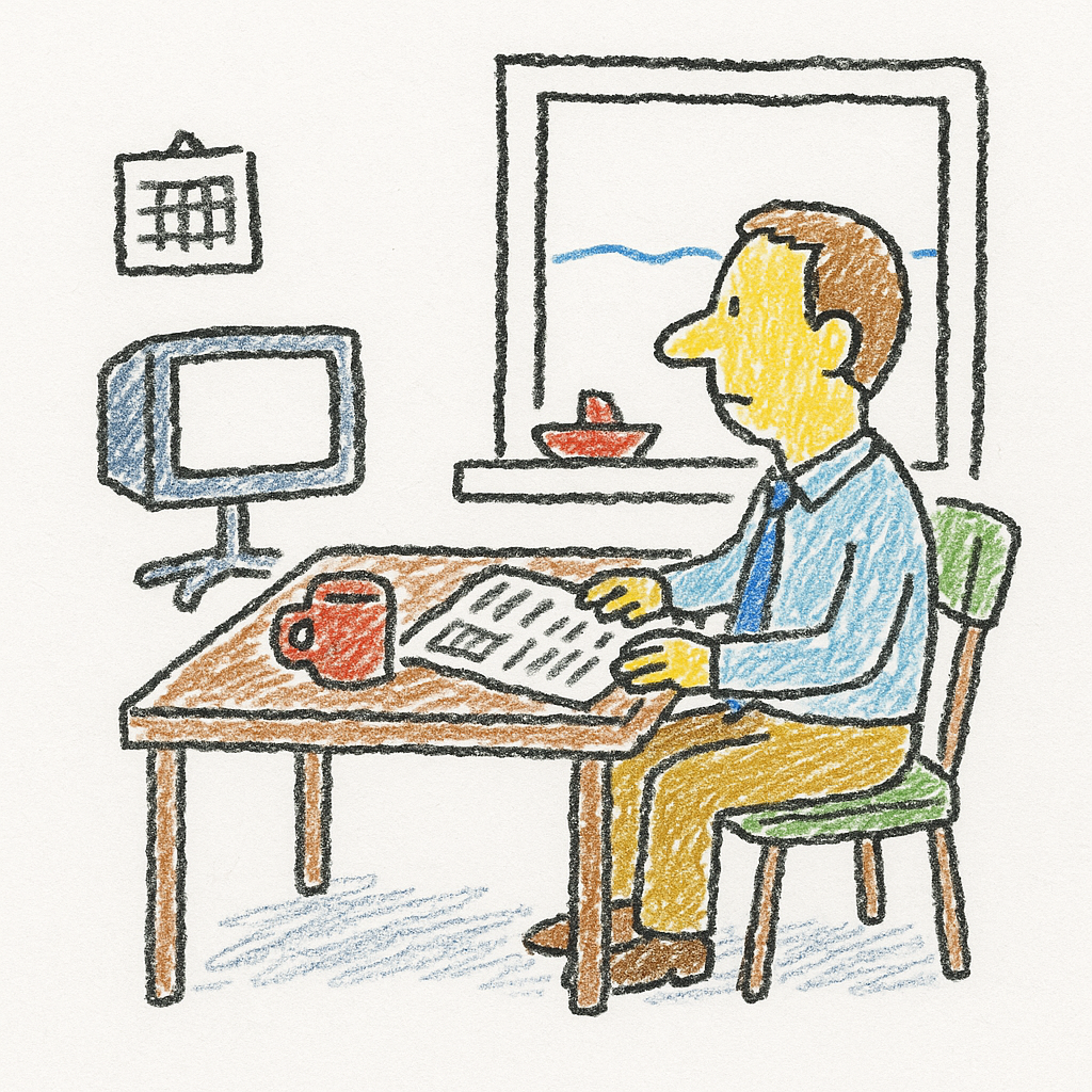 A person sits at a kitchen table staring out a window, with a mug, newspaper, small TV, and toy boat nearby.