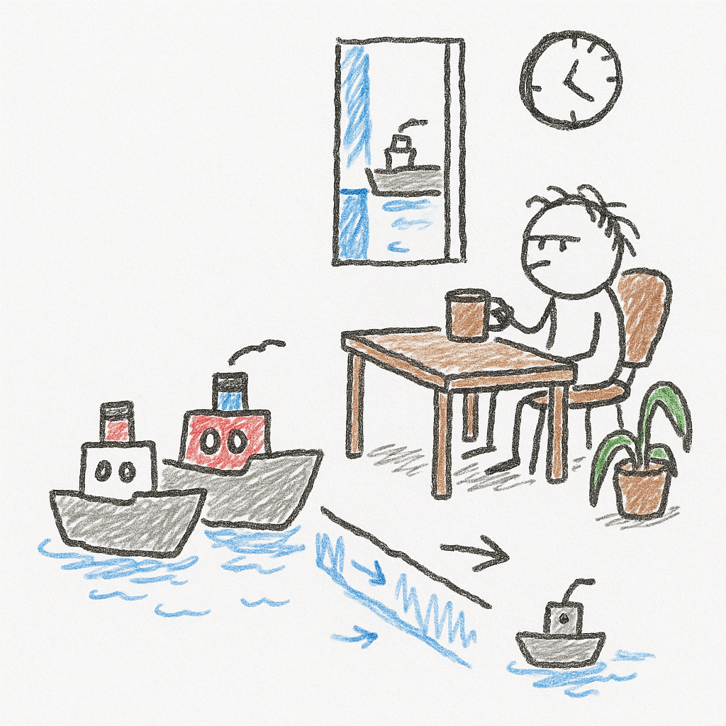 A tiny harbor office overlooks a narrow channel where a few ships sit idle, while an office worker waits at a desk.