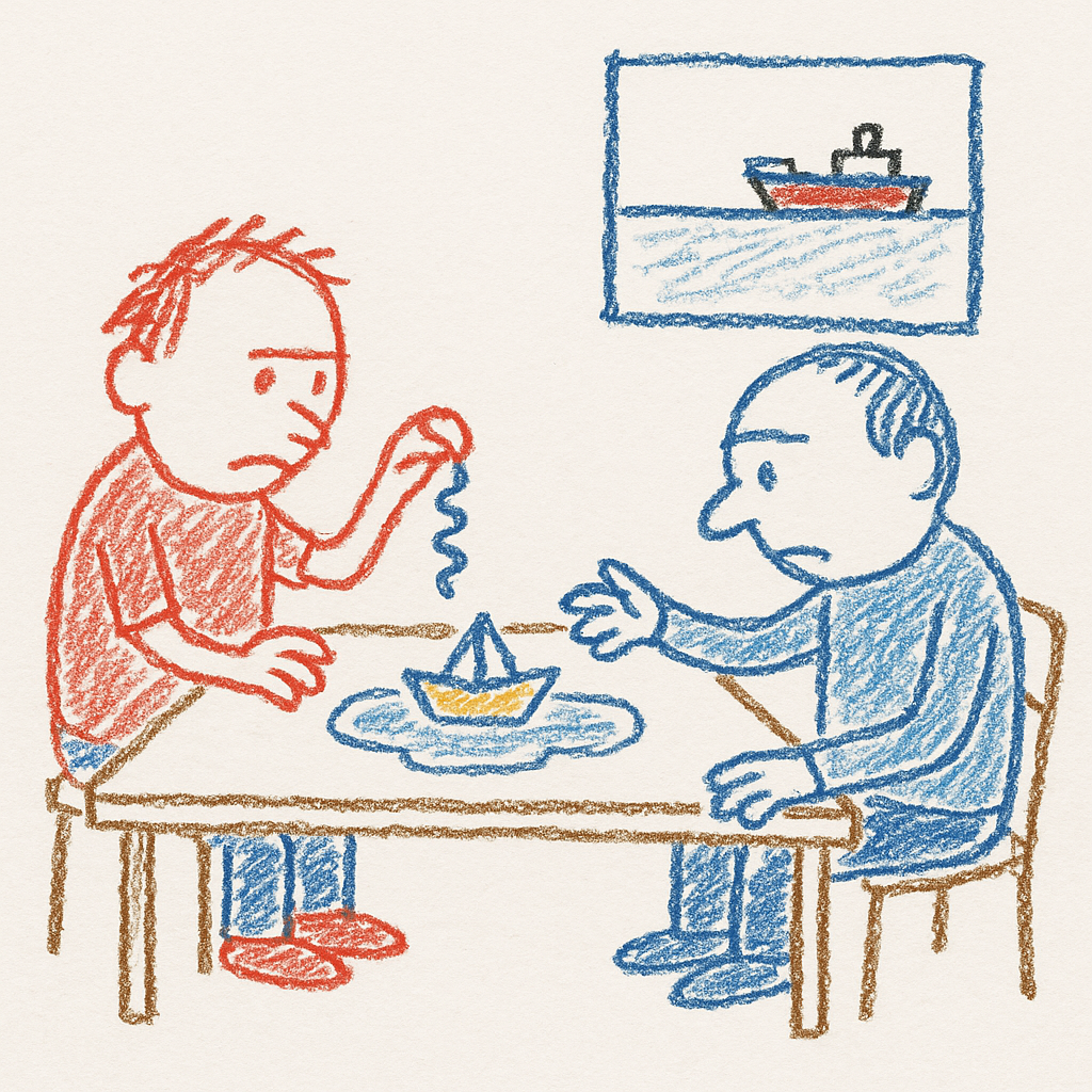Two doodled people at a kitchen table stare at a tiny paper boat in a puddle while one holds a stopper and a toy tanker waits nearby.