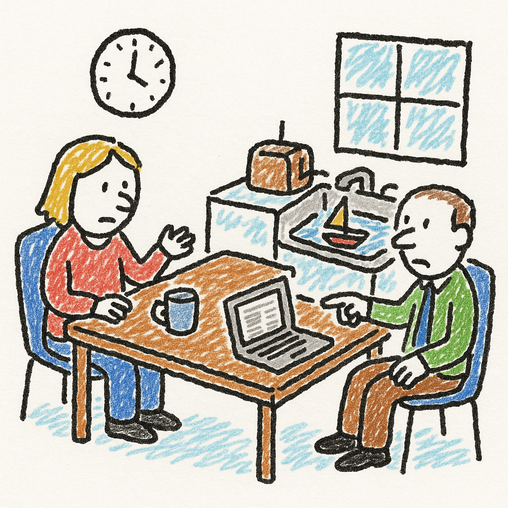 Two office workers stare at a toy sailboat in a kitchen sink, with a clock, mug, and laptop nearby.