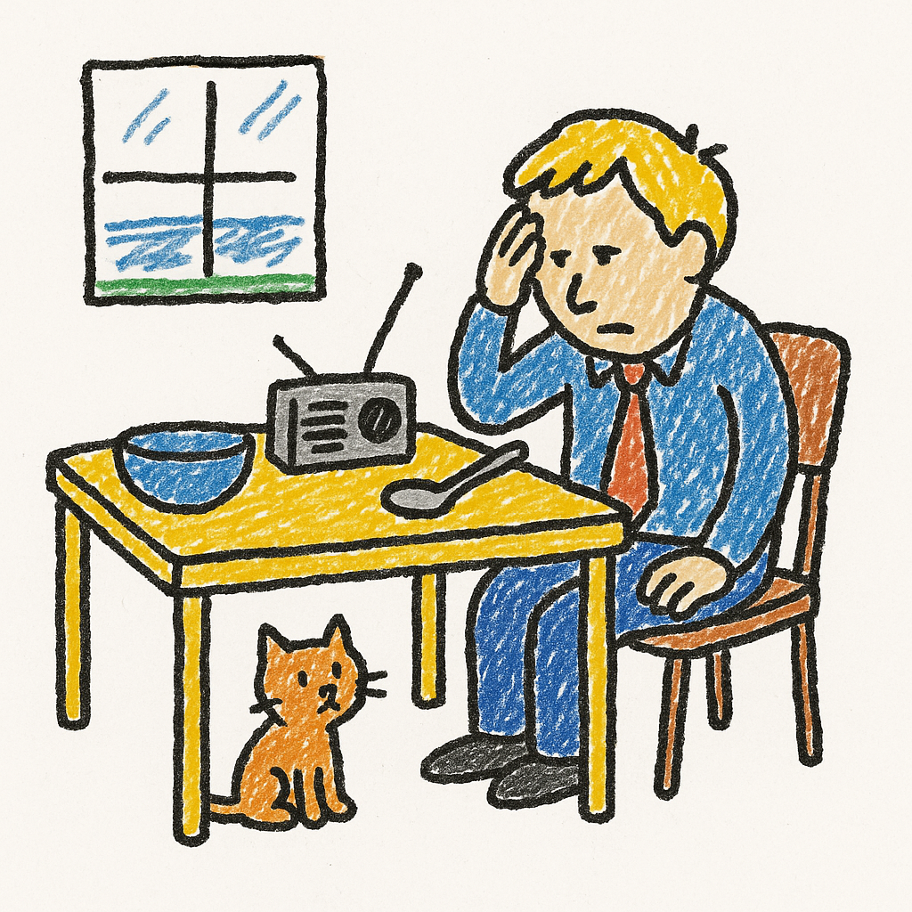 A person and a cat sit at a kitchen table listening to a radio, with a quiet window behind them.