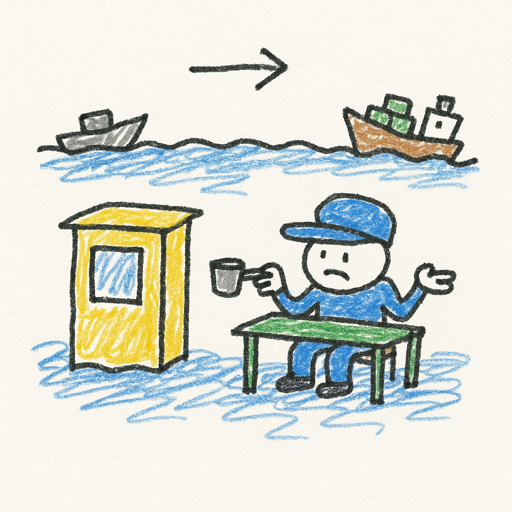 A doodled toll booth on water with waiting cargo ships and a shrugging attendant.
