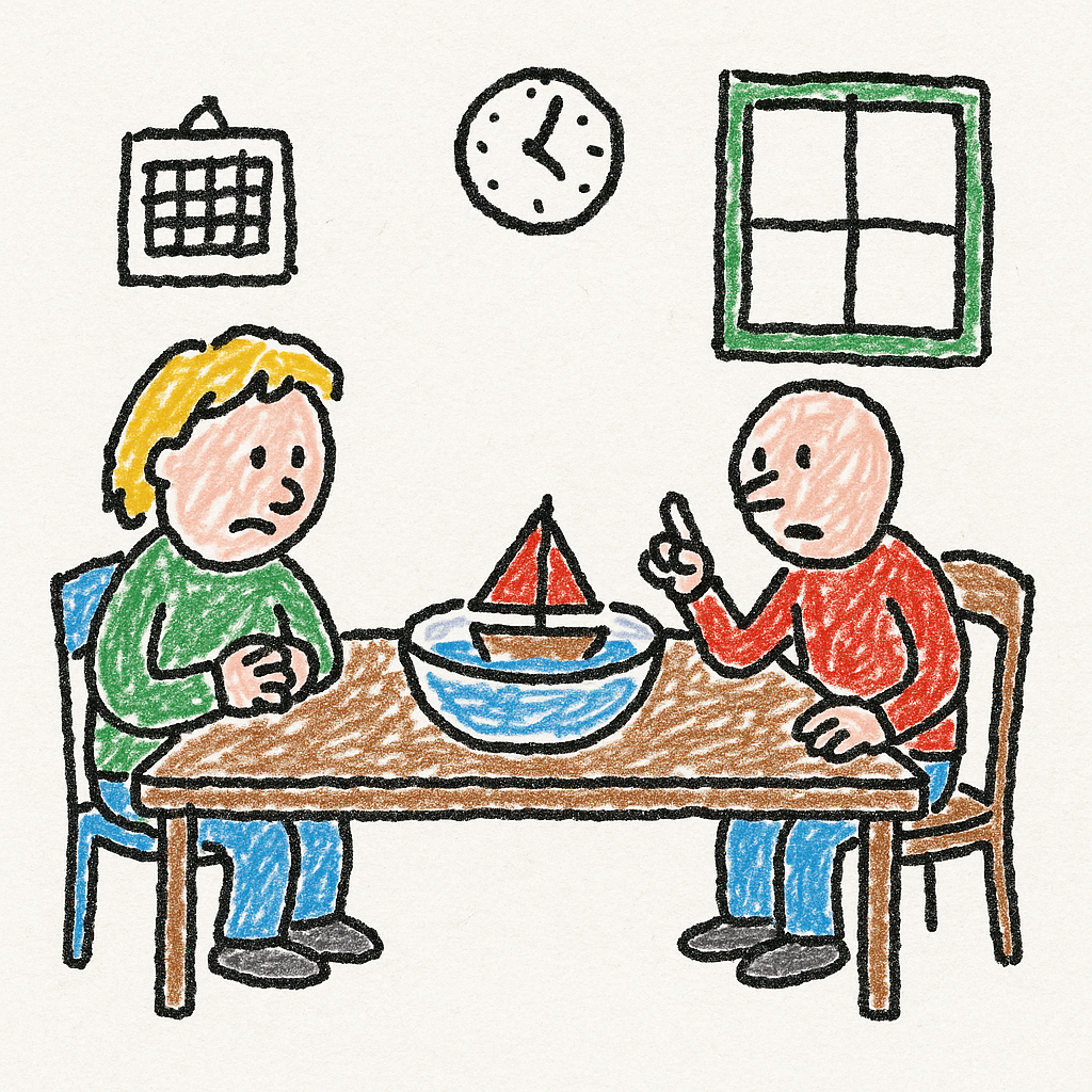 Two people sit at a kitchen table staring at a toy sailboat in a bowl of water, with a clock and calendar behind them.