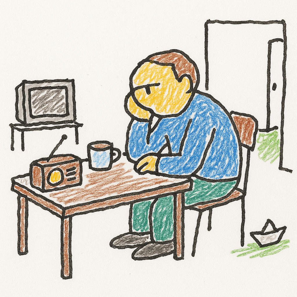 A person sits at a kitchen table staring at a blank TV while a small paper receipt lies in the hallway.