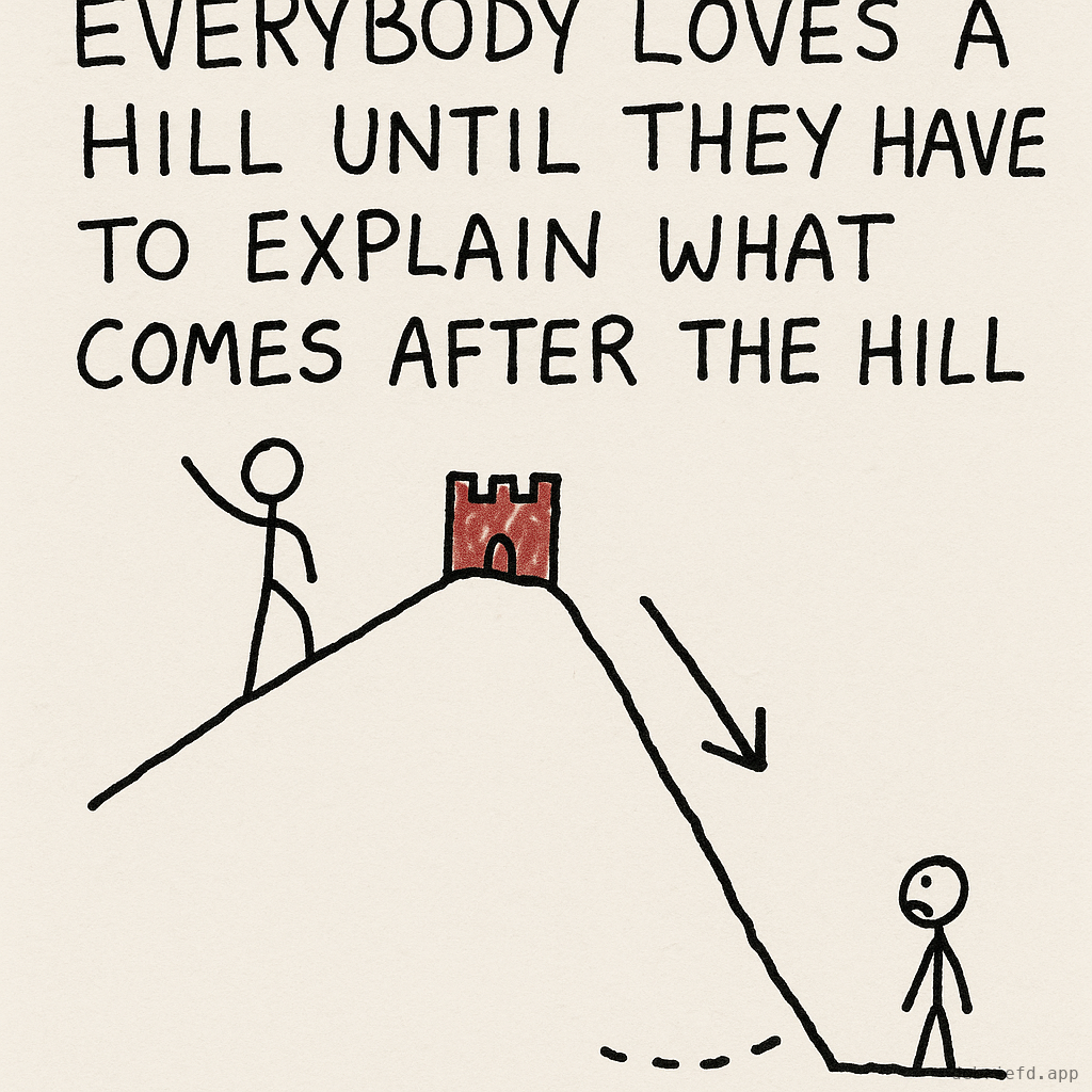 Hand-drawn poster showing a stick figure triumphantly on a hilltop castle while an arrow points down the other side into uncertainty, with the caption about loving a hill until explaining what comes after it.