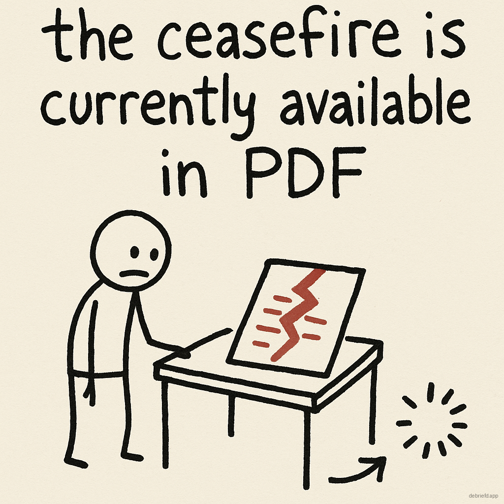 Hand-drawn poster on cream paper reading “the ceasefire is currently available in PDF” above a slumped stick figure looking at a cracked red document on a desk with a small loading spinner beside it.