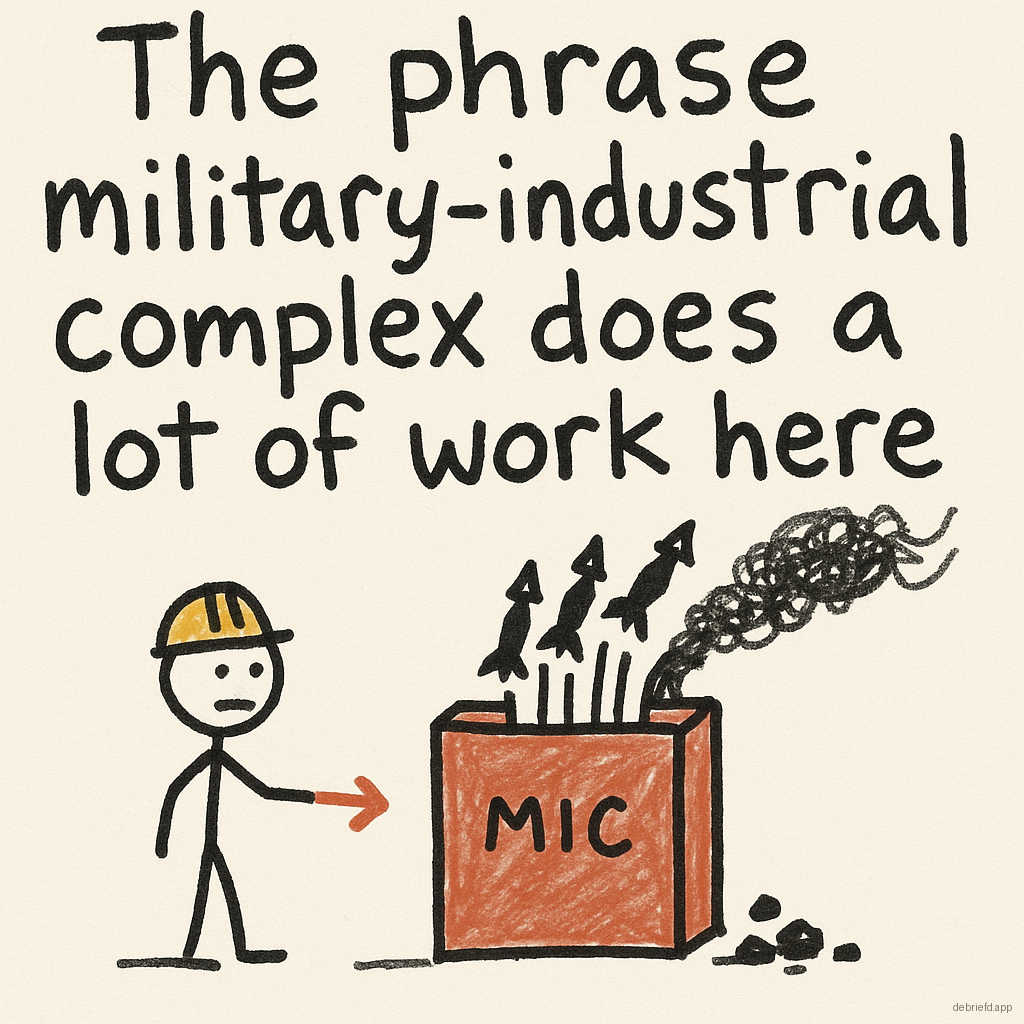 A stick figure stands by a giant paper shredder labeled M I C while little missile shapes go in and come out as smoke, with the caption about the phrase military-industrial complex doing a lot of work.