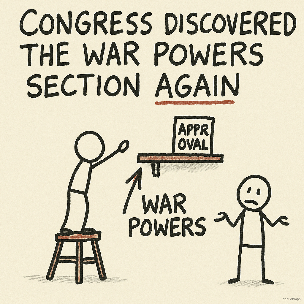 A doodled lawmaker reaches for a dusty shelf labeled war powers while a caption says Congress discovered the war powers section again.