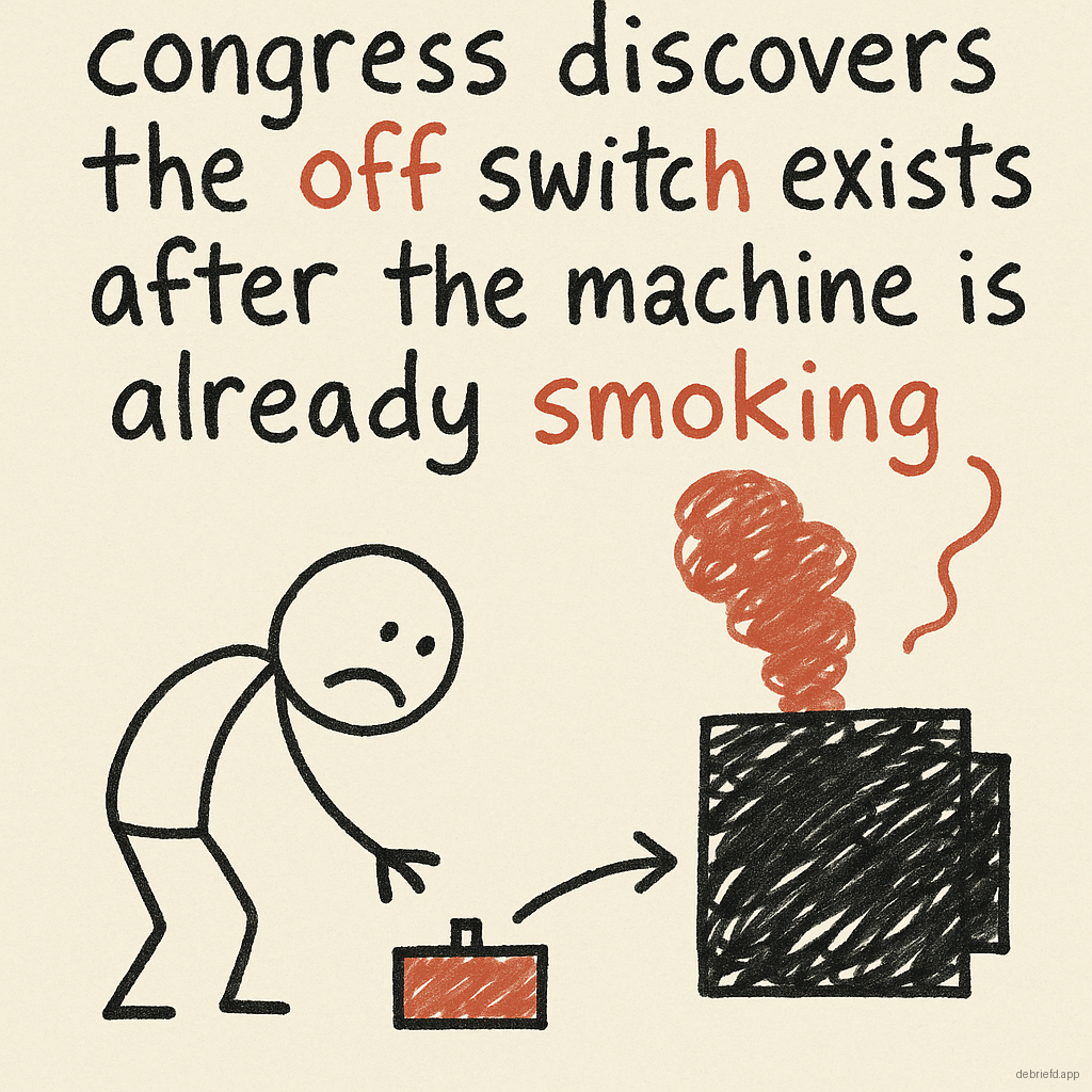 A stick figure points to a switch while a smoking machine sits nearby, with the caption: Congress discovers the off switch exists after the machine is already smoking