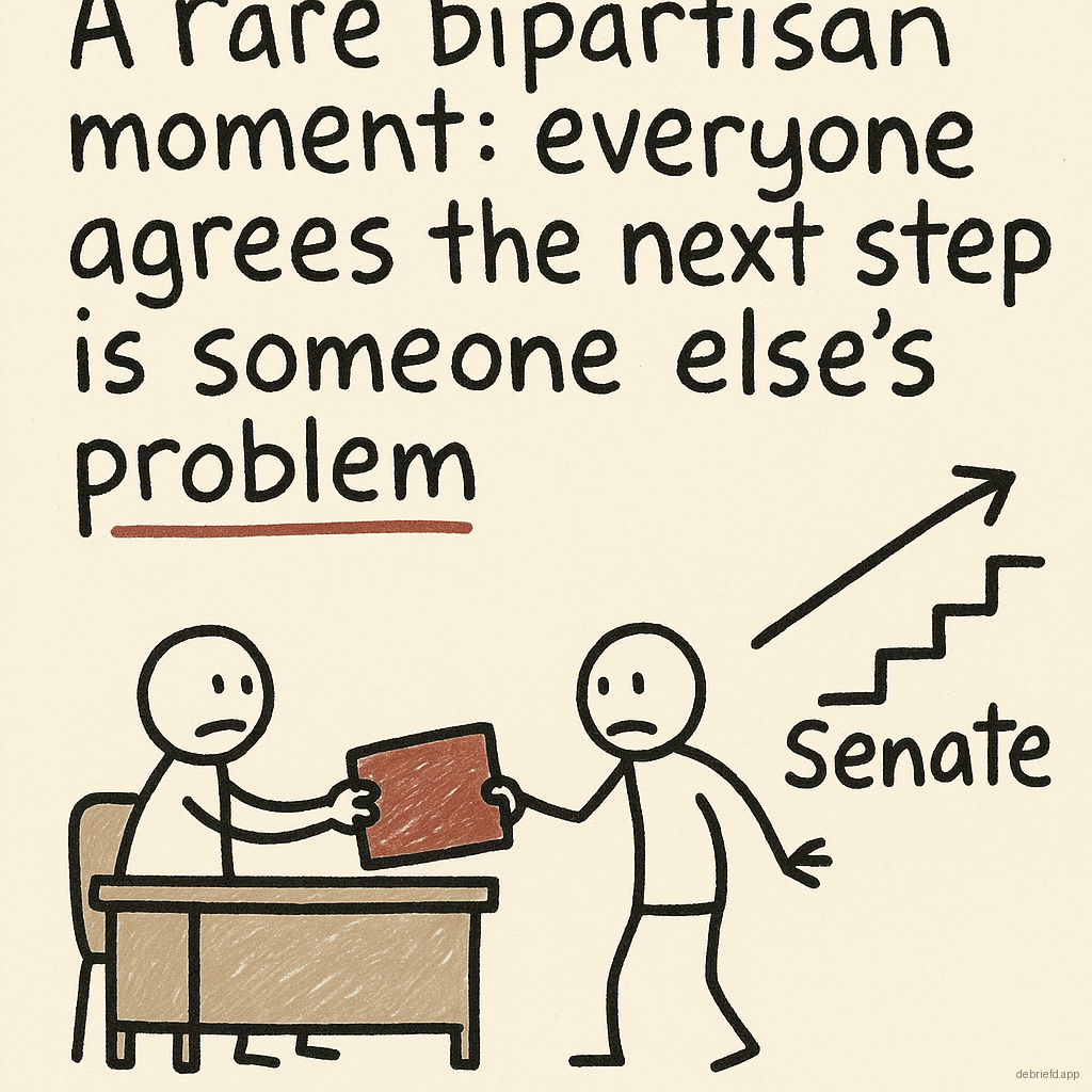 Two stick figures pass a folder toward a stair labeled Senate, with the caption noting that everyone agrees the next step is someone else’s problem.