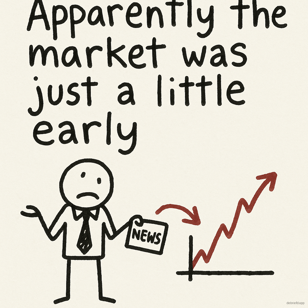 A stick figure in a suit stands by a stock chart and envelope, with the caption 'Apparently the market was just a little early.'