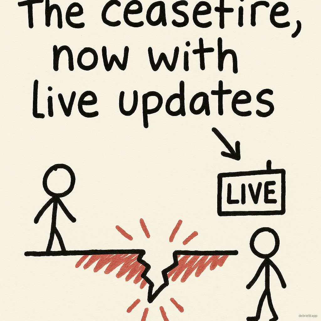 Hand-drawn cartoon of two stick figures separated by a broken bridge under the caption “The ceasefire, now with live updates.”