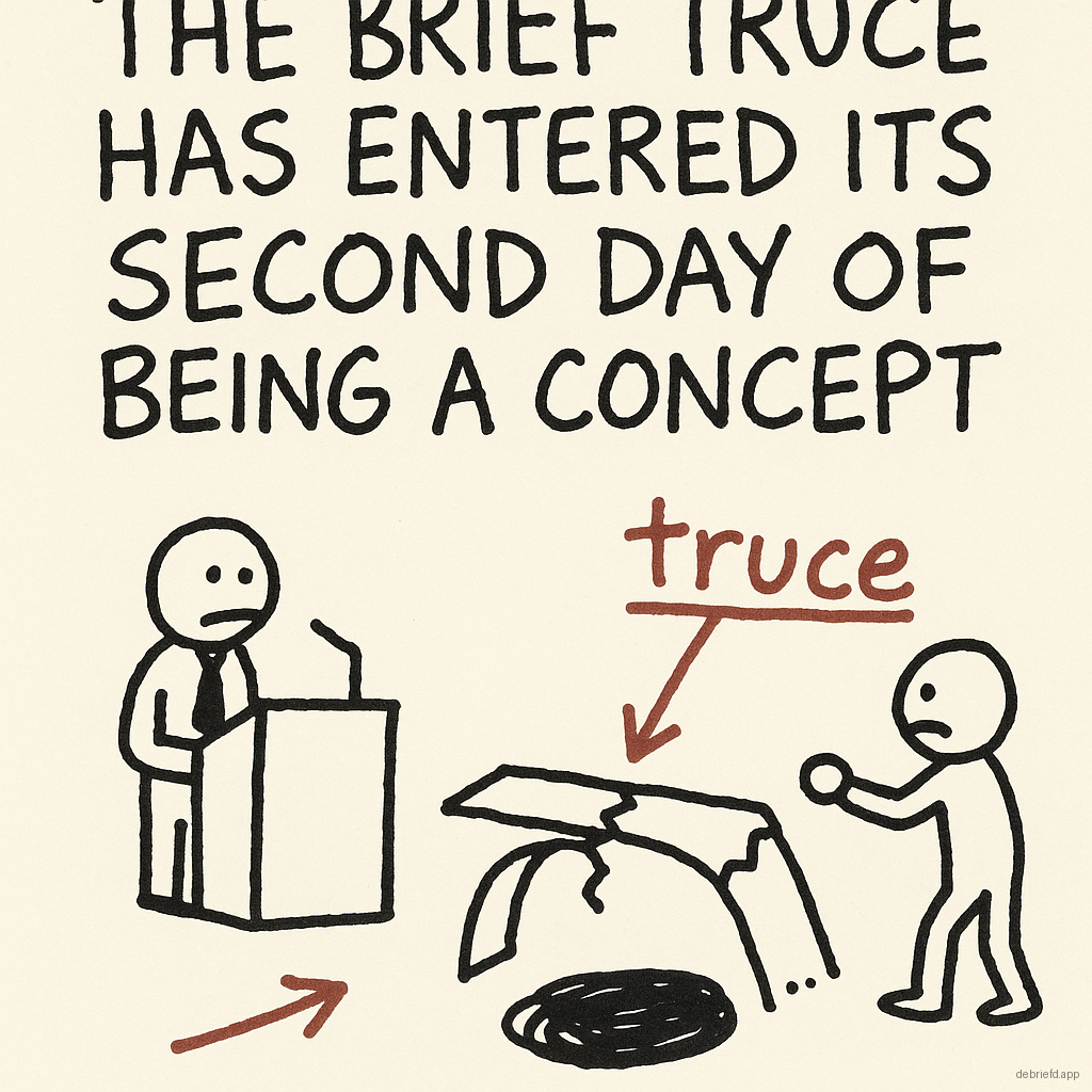 A stick figure stands by a podium while another taps a cracked paper bridge labeled truce, with the caption saying the truce has entered its second day of being a concept.