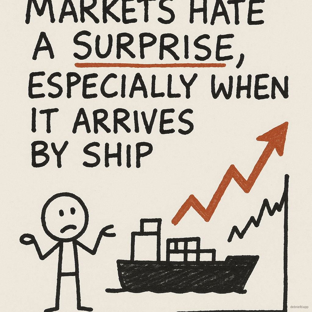 A stick figure shrugs beside a cargo ship and a rising oil-price chart, with the caption about markets hating a surprise arriving by ship.