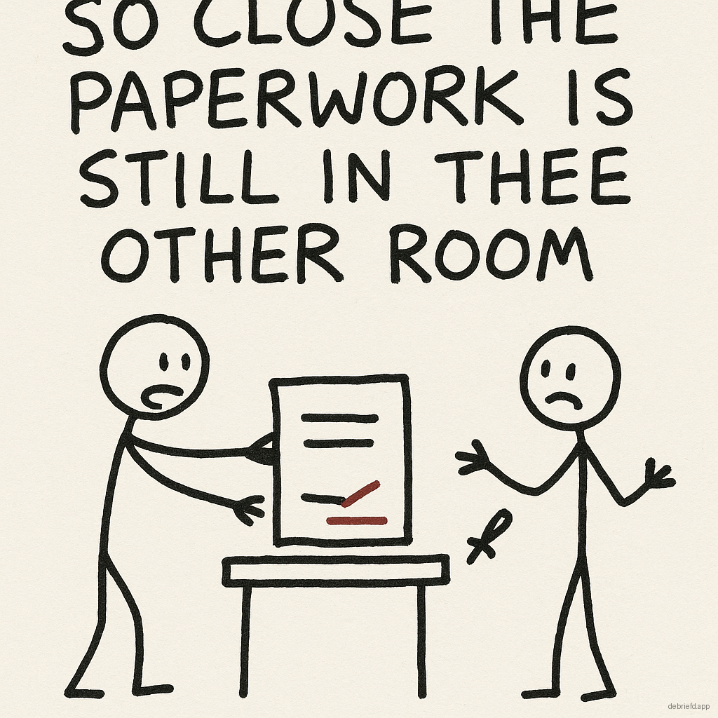 A doodle of two stick figures offering an unsigned paper across a table, with a caption saying the paperwork is still in the other room.