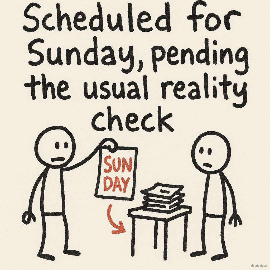 A stick figure points to a Sunday calendar while papers slide off a desk, with the caption 'Scheduled for Sunday, pending the usual reality check.'