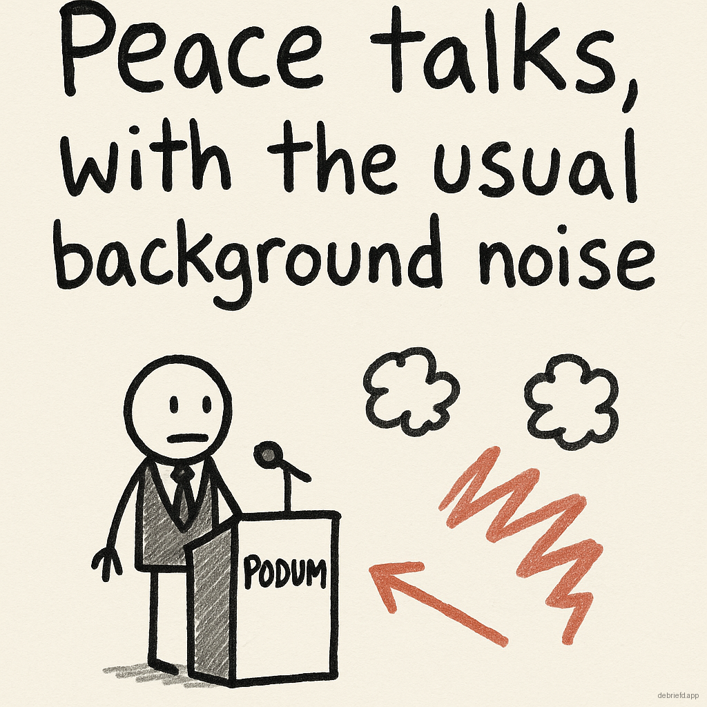 A stick figure at a podium with smoke and a red arrow in the background, captioned 'Peace talks, with the usual background noise.'