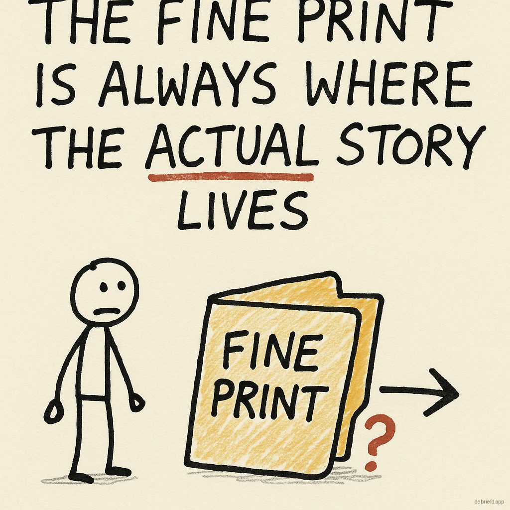 A stick figure beside a giant folder labeled fine print, with a missing question mark and the caption that the actual story lives there.