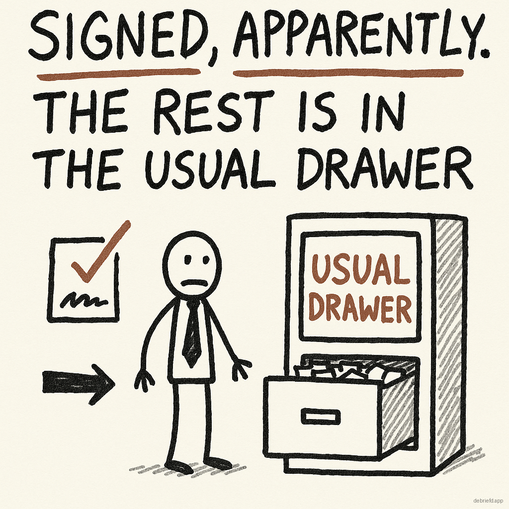 A stick figure beside a filing cabinet with a half-open drawer and a signed paper, captioned 'Signed, apparently. The rest is in the usual drawer.'