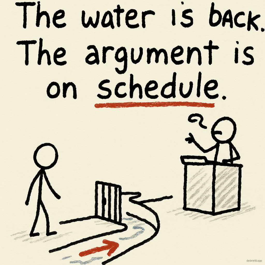 A crude doodle of a half-open gate over water with two stick figures and a caption reading, The water is back. The argument is on schedule.