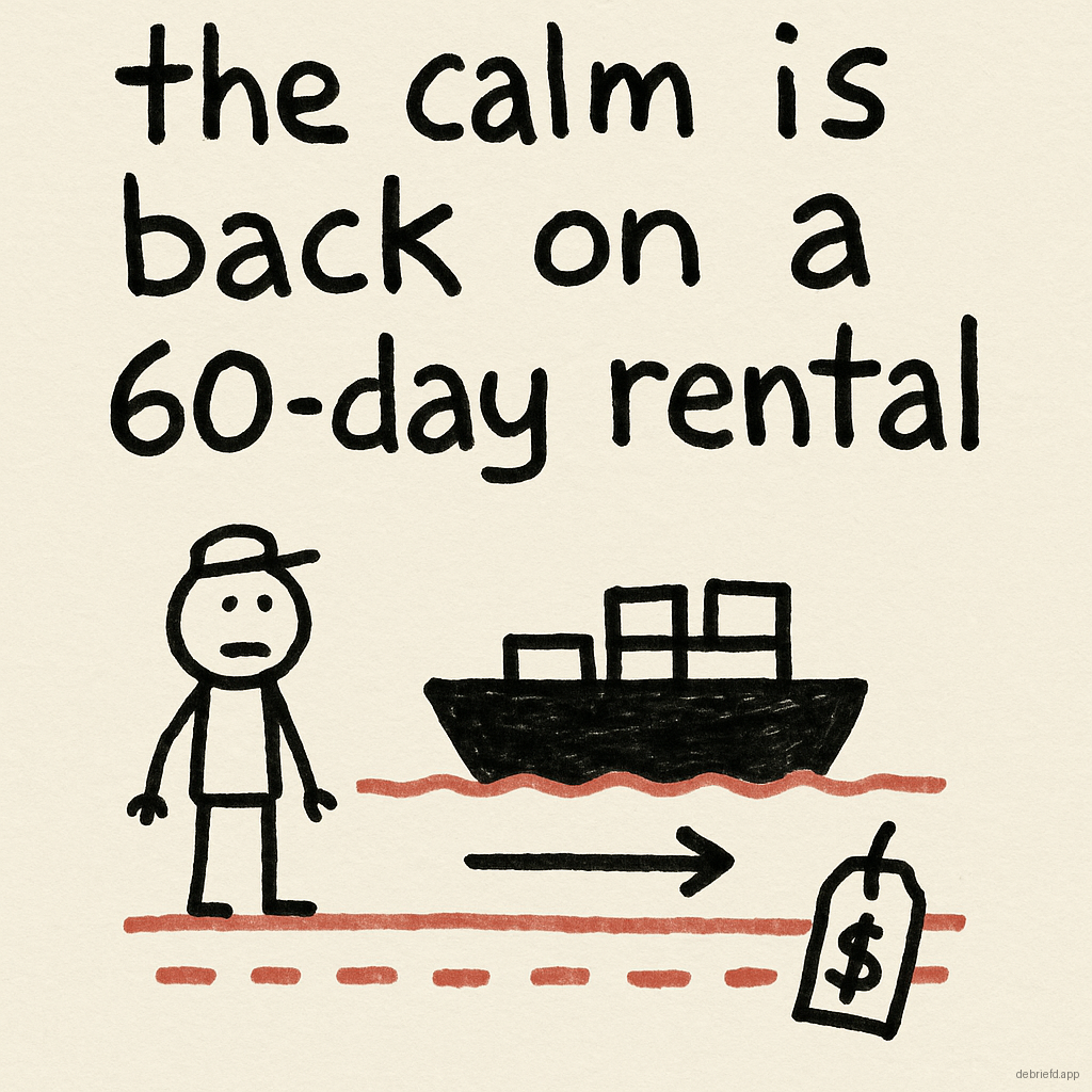 A hand-drawn doodle of a ship moving through a narrow canal with a tiny price tag, captioned 'The calm is back on a 60-day rental.'